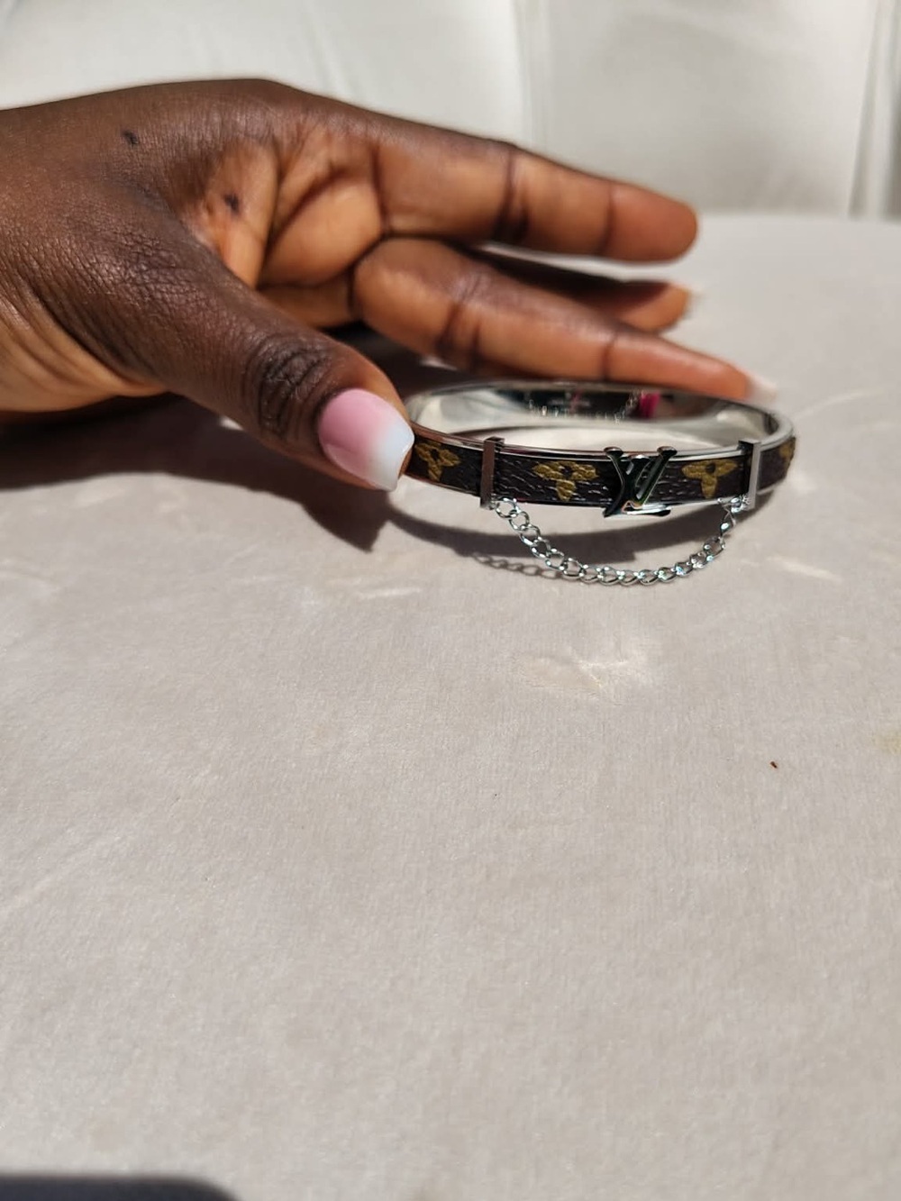Brown and Silver Monogram-Style Bangle with Safety Chain